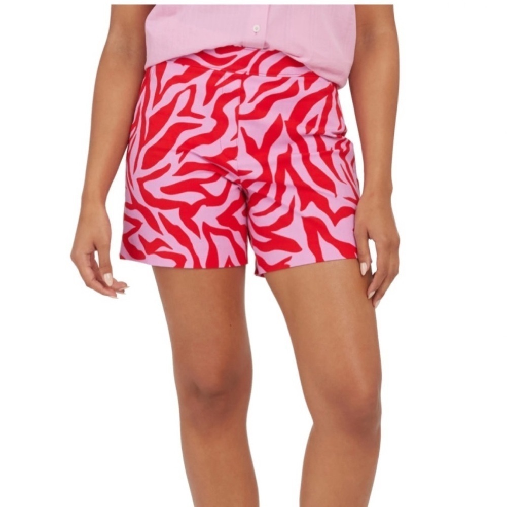 NWOT Spanx On the Go, Print Red and Pink Zebra Stripe Shorts, Size Large
